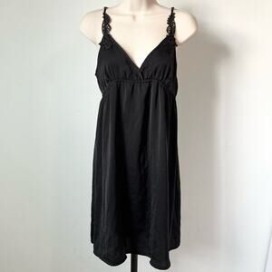 Black Satin Slip Dress Size M Floral Lace V Neck Secret Possessions Nightgown‎